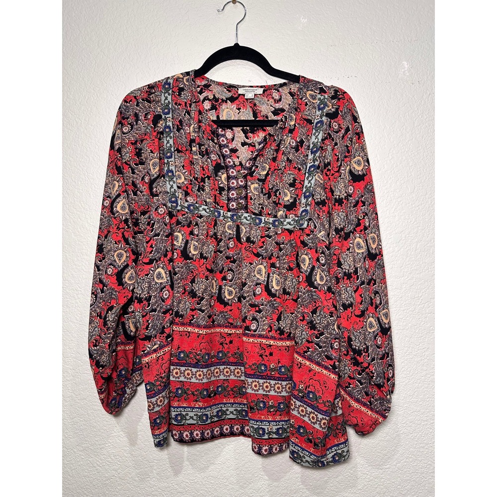 ORIENTIQUE Naturally AUSTRALIAN Boho Paisley Peasant Blouse Tunic Red‎ XS